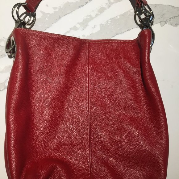Red pebble-leather, over-shoulder purse. - Picture 1 of 15